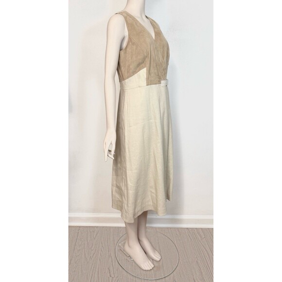 Lafayette 148 Leather Combo Wrap Dress A-Line w Buckle Beige Linen-Blend size 10 - Picture 3 of 16